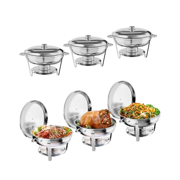 5QT 6 Pack Chafer Chafing Dish Buffet Sets, Round Stainless Steel Food Warmers Buffet Servers Sets, Chafer with Food & Water Pan, Lid, Frame, Fuel Holder for Catering and Parties