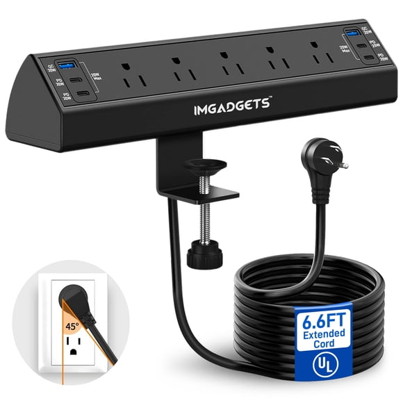 IMGadgets Desk Clamp Power Strip | Smart Power Management with 5 AC Outlets | 20W Fast Charging | 6 USB Ports (2 USB-A, 4 USB-C) | 900J Surge Protection | Extended 6.6ft Cord | 45° Flat Plug