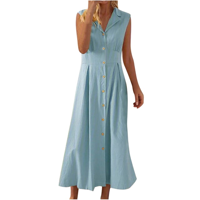 Amzcrzy Robes pour Femmes Couleur Unie Sans Manches Robes de Printemps Col en V à Boutons Robe d'Été Confortable Robe en Coton et Lin Tendance Col Rabattu Robes Maxi