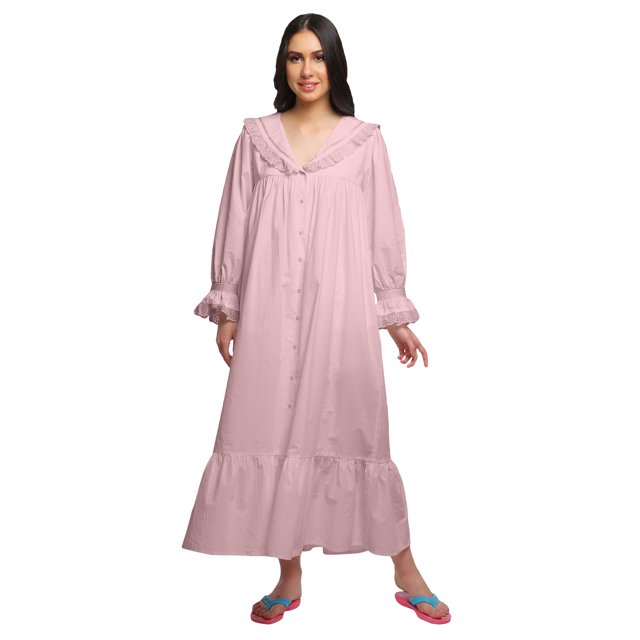 Moomaya Cotton Short Sleeve Nightdress For Ladies Solid Button Placket Nightwear