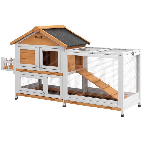 PawHut Wooden Rabbit Hutch with Openable Roof, Storage Box, Yellow