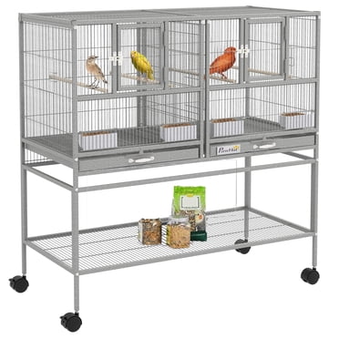 PawHut Divided Breeder Bird Cage with Rolling Stand Removable Tray Grey 40"H