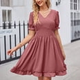 thumbnail image 5 of Dvprdro Robe en Chiffon pour Femmes Mode Été Col en V Manches Courtes à Volants Plissée Fluide Décontractée Ample Boho Plage Soleil Mini Robe, 5 of 5