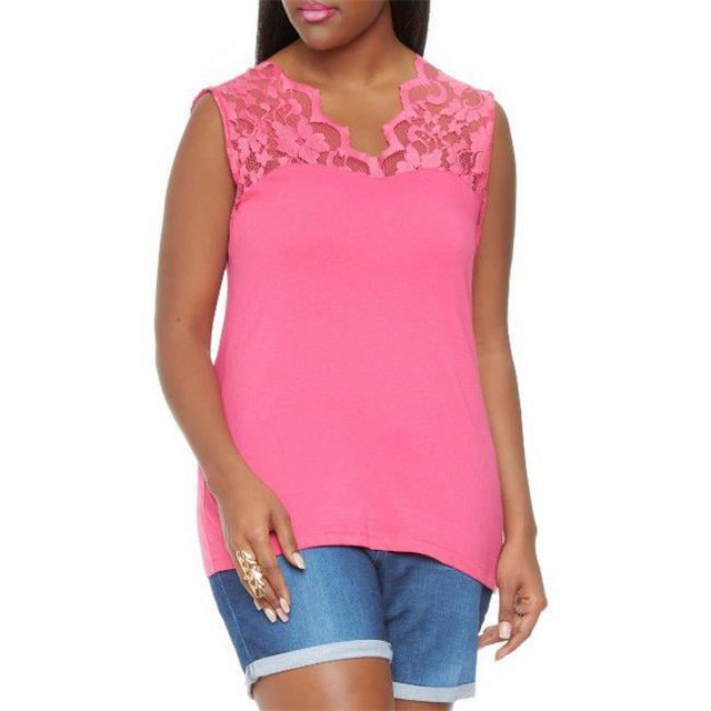 White Mark Universal PS132-05 Plus Size Lace Trim Tank Top, Fuchsia - One Size