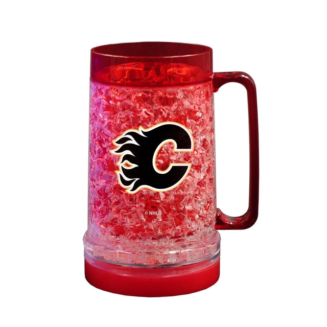 The Sports Vault Light Up Freezer Mug Calgary Flames with 16 oz double-wall plastic and freezable crystal-gel insulation, featuring the Calgary Flames logo on the front, a red handle, and a removable LED base with three light modes to keep drinks cold and lit.