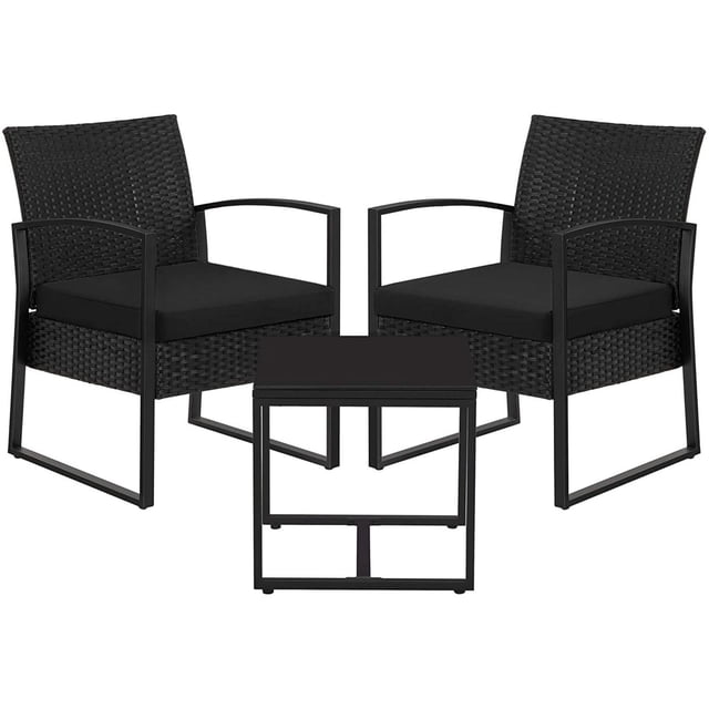 Boutique Home 3-Piece Bistro Outdoor Patio Furniture Set with two black weatherproof PE rattan chairs featuring powder-coated steel frames and black cushions, plus a square side table with a tempered glass top and reinforced base, suitable for small patios and often used as a compact outdoor seating solution.