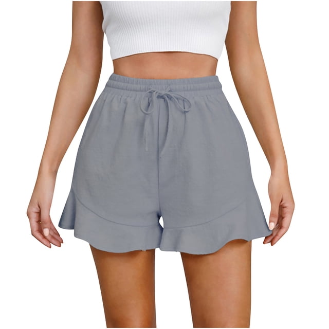 AherBiu Shorts for Women Trendy Elastic Waist Drawstring Ruffle Wide Leg Summer Casual Solid Color Loose Comfy Shorts