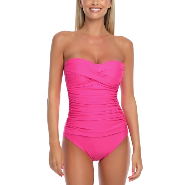 RELLECIGA Women's Ruched Neck Halter Twist Bandeau One Piece Swimwear Bathing Suit in a vibrant pink color. This one-piece swimsuit features a ruched front panel for tummy control, a twist front with a sweetheart neckline, and molded sewn-in cups for bust support. The design includes removable and adjustable straps for a versatile bandeau style. The full-coverage bottom ensures comfort and a flattering fit, ideal for large busts and long torsos.