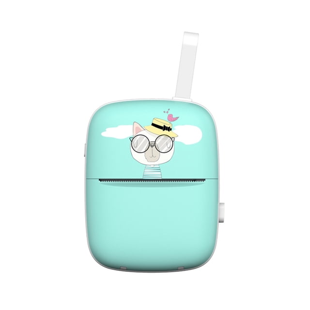 Imprimante Thermique Mini Portable Sans Fil BT 203dpi avec un Corps en Plastique compact Bleu Pâle Présentant un Motif de Chat Ludique Portant des Lunettes de Soleil et un Chapeau. Cette Imprimante Offre une Connectivité Double mode Bluetooth 4.0 et une Recharge USB, avec une Largeur d'Impression de 48mm et une Taille Consommable de 58mmx30mm. Elle Est Conçue pour Imprimer des photos, des Étiquettes, des Mémos et des notes d'Étude, Équipée d'Une Batterie au lithium de 1000mAh pour la Portabilité. Pesant 365g et