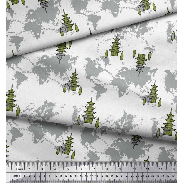 Soimoi Green Satin Silk Fabric Tree & World Map Printed Craft Fabric by the Yard 42 Inch Wide