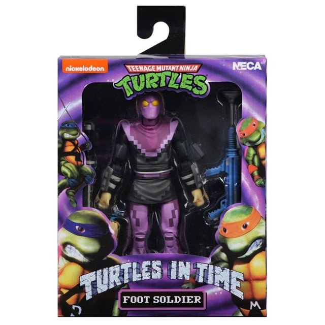 Teenage Mutant Ninja Turtles 7 Inch Action Figure Turtles In Time - Foot Soldier by NECA, a collectible action figure inspired by the 1990s arcade game. The Foot Soldier features a pixelated purple and black design, signature weapons, and a hoverboard accessory. Packaged in a window box with vibrant arcade-style graphics.