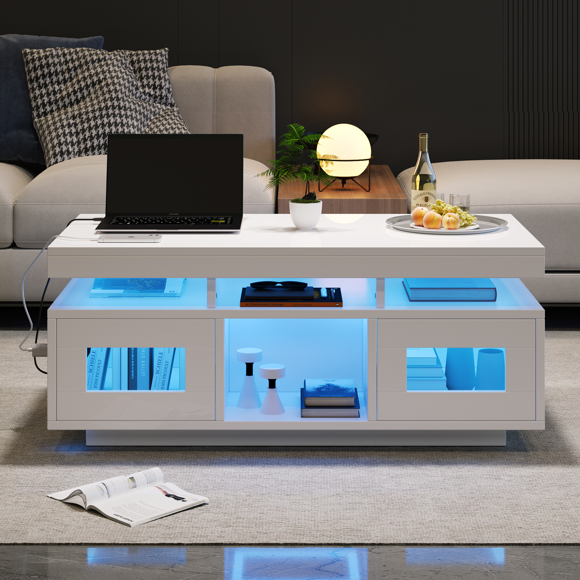 Noble House Table basse haute brillance avec lumières LED, Ports et prises USB, Centre 2 portes et Table d’appoint canapé, blanc