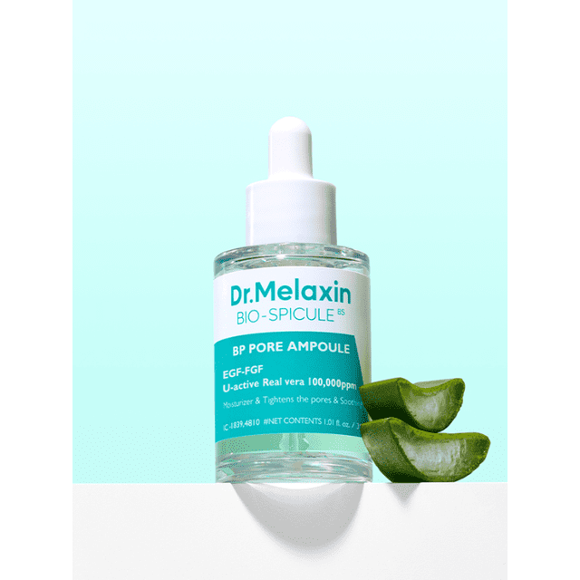 Dr.Melaxin BP Pore Ampoule 30ml in a sleek dropper bottle, featuring a lightweight, fast-absorbing formula designed to refine skin texture and minimize the appearance of pores. The bottle is displayed against a light aqua background with aloe vera slices nearby, emphasizing its hydrating and soothing properties. Suitable for daily use and sensitive skin, this vegan and cruelty-free serum incorporates Bio-Spicule technology and natural exfoliants for a smoother complexion.