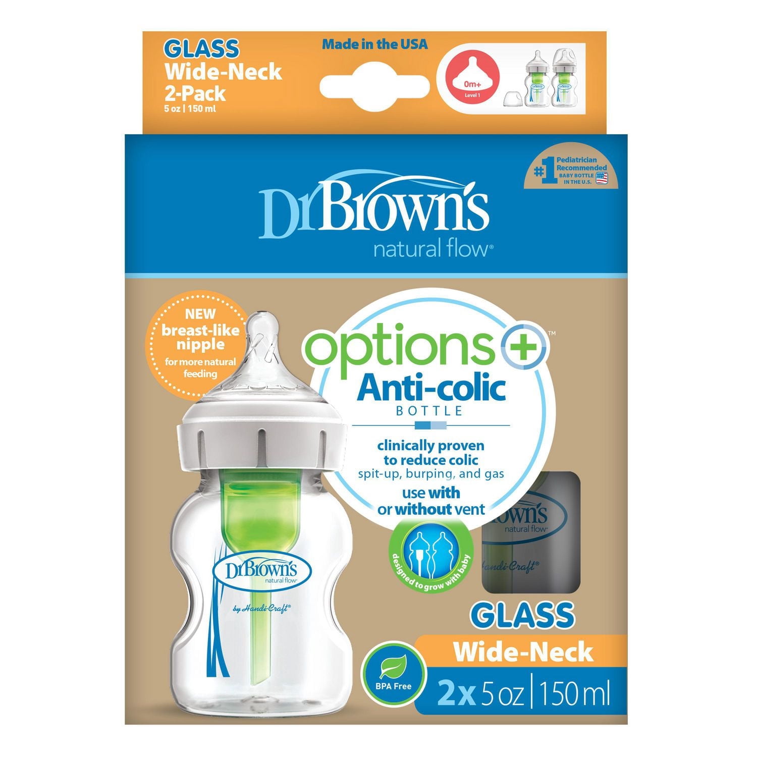 Dr. Brown's Biberon en Verre à Col Grand Natural Flow Anti-Coliques + 2 Biberons de 150 ml avec Tétine à Débit Lent Niveau 1, 0 Mois et Plus