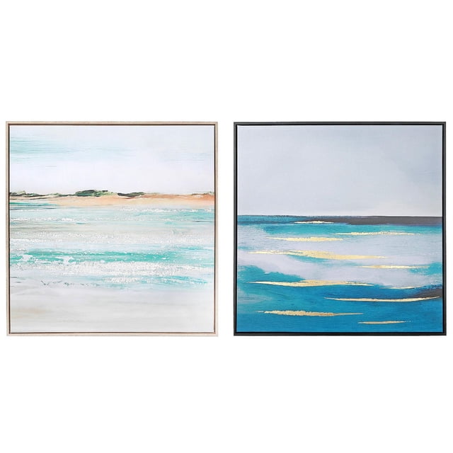 Art Mural sur Toile Encadrée Océan - Ensemble de 2 Présentant Deux Toiles Carrées de 27,5 par 27,5 Pouces; l'Une avec un Cadre en Bois Clair Montrant des Vagues Océaniques pastel et un Rivage Sablonneux en turquoise et beige, l'Autre avec un Cadre Noir Représentant un Océan Bleu Plus Profond avec des accents Dorés sous un Ciel Pâle, Convient pour Rehausser le décor Côtier dans les Salons Ou les Chambres.