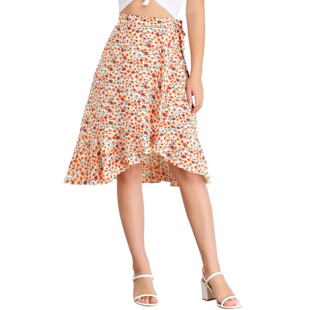 Unique Bargains Femmes Volant Fusée Cravate Taille Haute Basse Floral Wrap Jupe