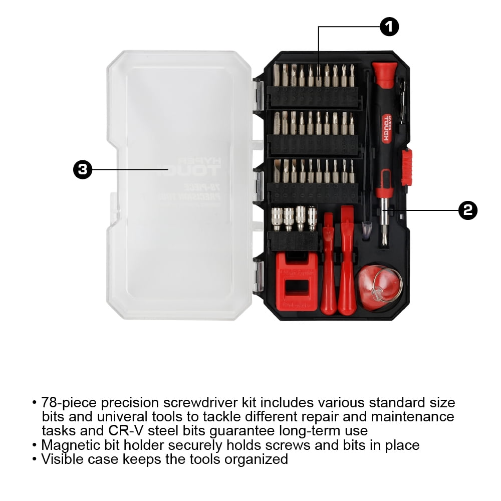 Hyper Tough 78-Piece Precision Tool Kit with Magnetic Screwdriver, Standard Size Bits,CR-V Steel Bits