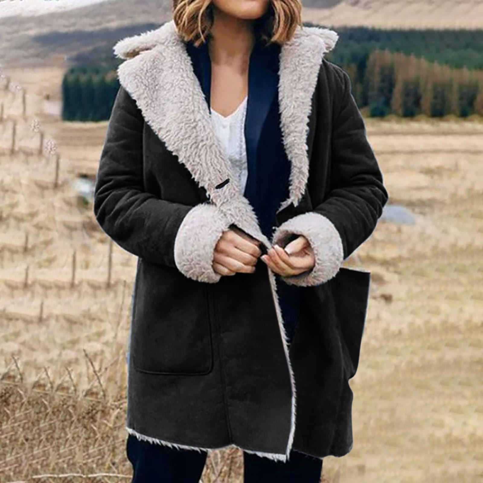 LOVZFMLL Vestes pour Femmes Hiver Chaud Composite Bouton Col à Revers Veste Manteau d'Extérieur