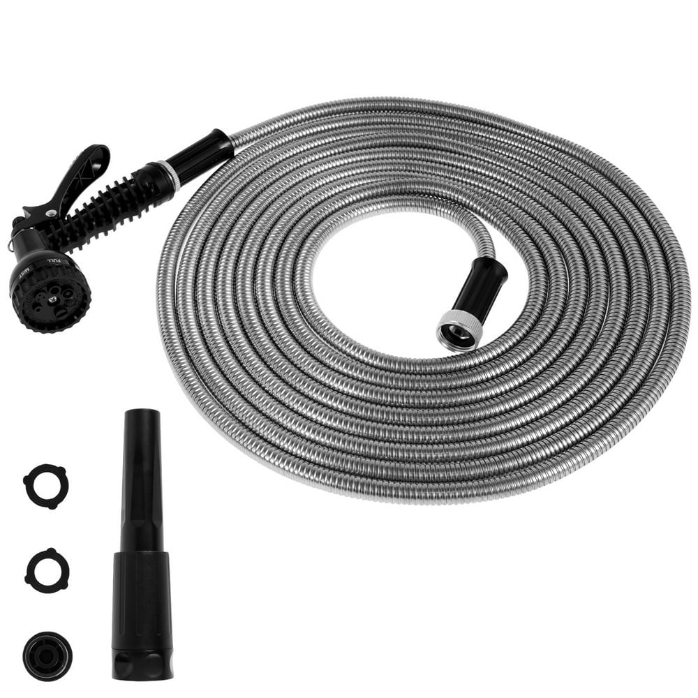 MesaSe Metal Garden Hose 25ft Heavy Duty Stainless Steel Water Hose with 10 Function Sprayer Nozzle