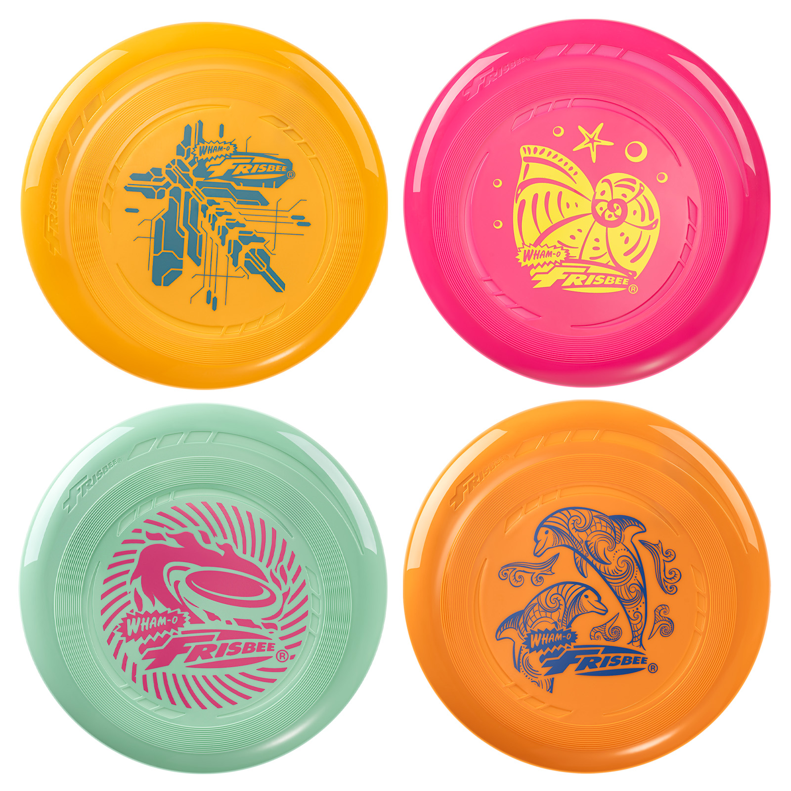 Wham-O Frisbee Go 4 Pack Flying Disc, 9 Inch Lightweight Colorful Toy Set for Beginners Outdoor Beach Park Backyard Game - 70g