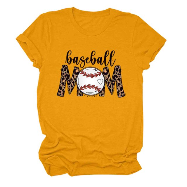 Womens Solid Color Short Sleeve Casual Baseball Print T-shirt Round Neck Print Tops