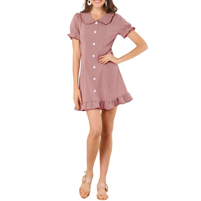 INSPIRE CHIC Women's Ruffle Peter Pan Collar Casual Button Up Checkered Dress