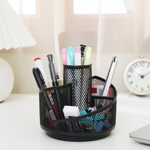 RXIRUCGD Stylo pour bureau, 360-degree Organisateurs de bureau rotatifs avec 5 Compartiments, Accessoires Bureau Noir & Organisateur d'espace de travail Mesh Desktop Caddy for Office School