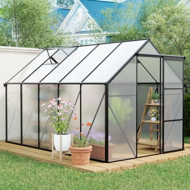 Polycarbonate Serre en 6 X 10 Pi avec Base Surélevée et Ancrage, Aluminium Robuste, Serre de Marche pour l'Extérieur et la Cour Arrière, Toutes Saisons