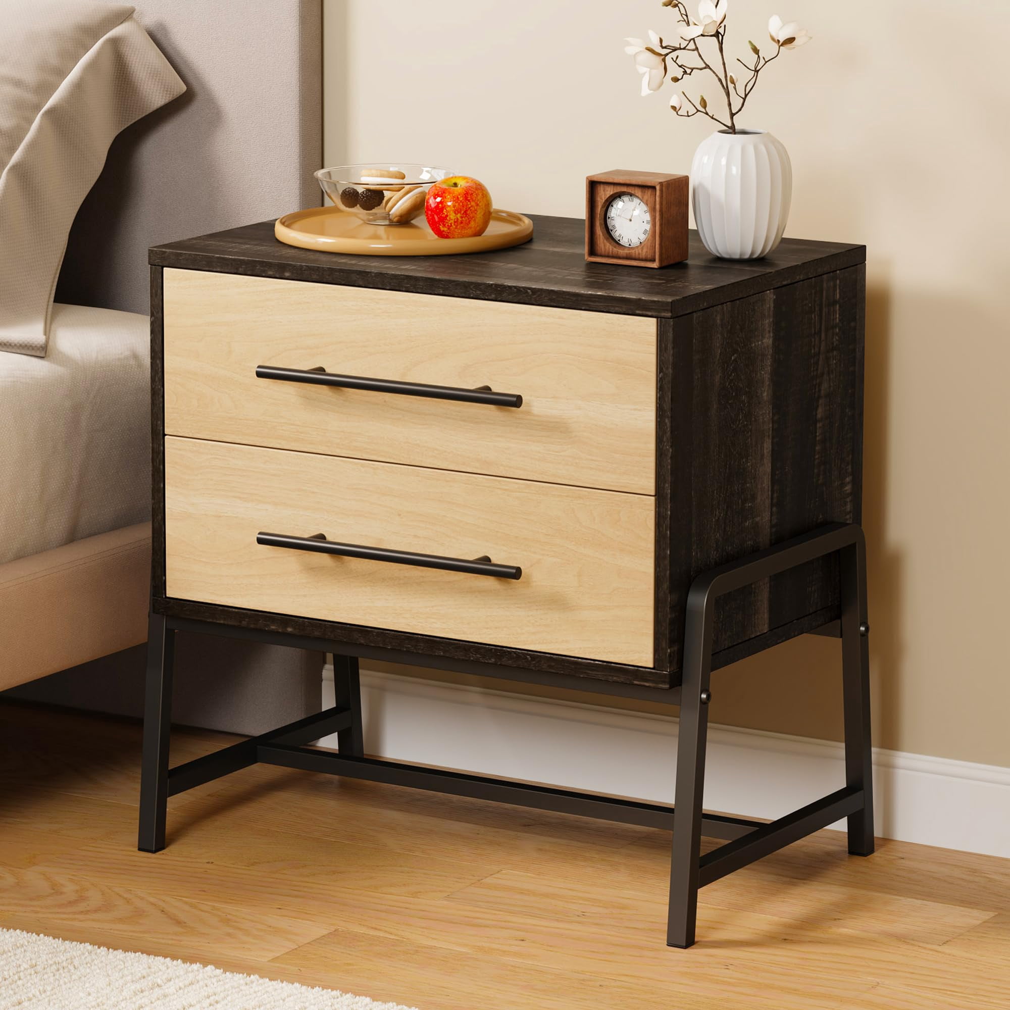 QinaQin Nightstand with Drawers Light Wood Bedside Table, Wide Side Table with Metal Legs, Modern Night Stand Mid Century Modern Bed Side Tables for Bedroom Living Room