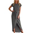 thumbnail image 1 of Pompotops Femmes de Couleur Unie Casual Manches Courtes à Lacets Fendue Robe Irrégulière, 1 of 5