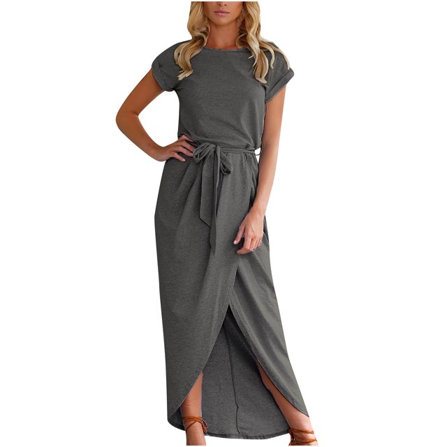 Pompotops Femmes de Couleur Unie Casual Manches Courtes à Lacets Fendue Robe Irrégulière