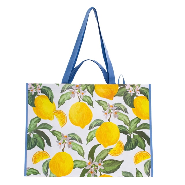 Walmart Extra-Large Reusable Shopping Bag, Grocery Tote Bag with Double Handles, Blue front-facing extra-large blue non-woven polypropylene tote with gusseted base and reinforced double handles for hand or over-shoulder carry; measures 22" L x 13.5" W x 16.5" H (55.9 x 34.3 x 41.9 cm), supports up to 22 kg; also suitable for bulk groceries or storing linens and beach gear.