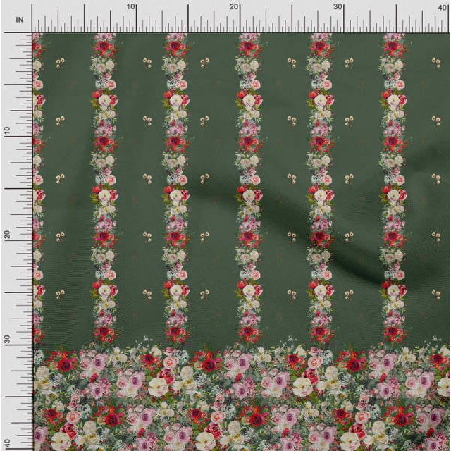 Soimoi Polyester Crepe Fabric Leaves & Rose Panel Print Sewing Fabric Yard 42 Inch Wide