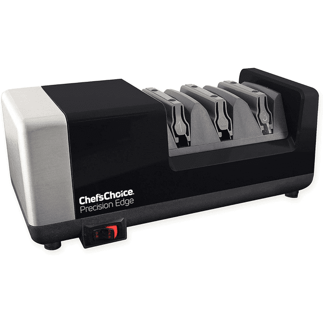 Chef's Choice 2933 3 Stage Professional Edge Electric Knife Sharpener with a modern black and silver design. This precision edge sharpener features three stages: Stage 1 with a diamond abrasive wheel for creating new edges, Stage 2 with finer diamond grit for honing, and Stage 3 with advanced stropping material for polishing straight and serrated blades. The Chef'sChoice logo is prominently displayed on the front.