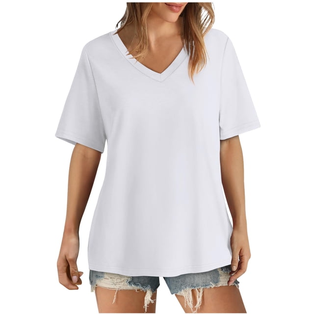 AherBiu Womens Summer Tops Basic V Neck Loose Casual Short Sleeve Solid Color Comfy Daily Tshirts