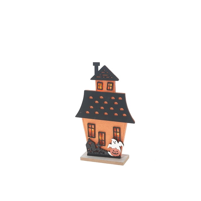 Ghost And Haunted Felt House Decor Small, a felt Halloween tabletop decoration with an orange house body, black roof with cutouts, glowing windows, a white ghost holding a jack-o'-lantern pumpkin, and a black tombstone marked Halloween, measuring 6.3 by 1.97 by 10.24 inches, suitable for adding seasonal charm to home décor.