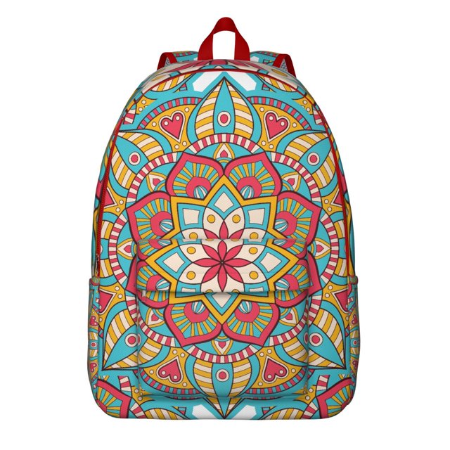 Boho Folk Ethnic Mandala Canvas School Backpack, Abstract Sacred Meditation Daypack with Artistic Cultural Ornament Pattern
