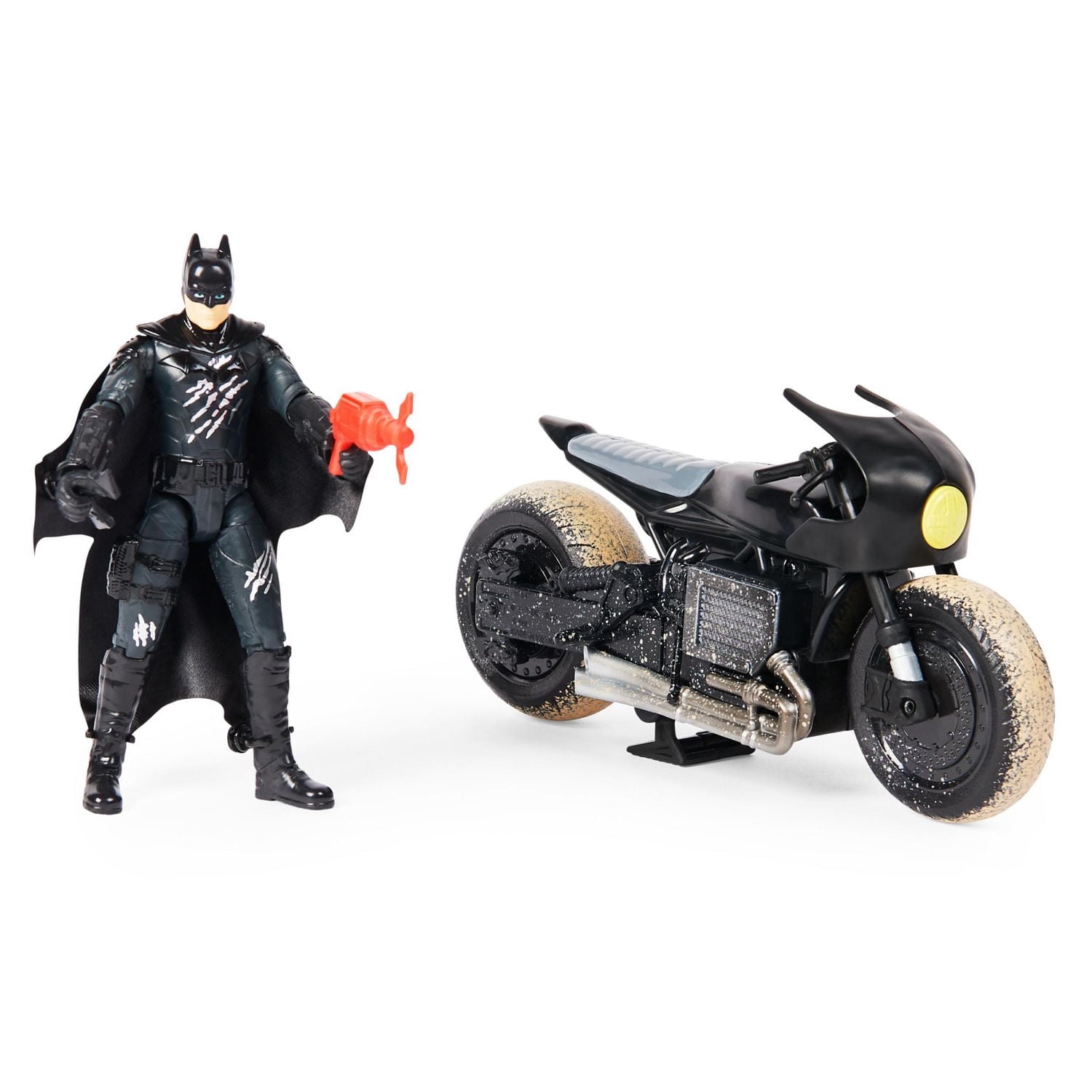 DC Comics, Coffret Batman Batcycle, Figurine Batman exclusive de 10 cm, Véhicule Batcycle, 3 accessoires, Pièce à collectionner du film Batman, Jouet pour garçons et filles à partir de 4 ans