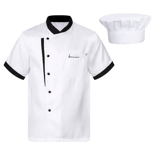 TiaoBug Unisex Short Sleeve /Long Sleeve Chef Coat Jacket with Hat Lightweight Button Restaurant Kitchen Chef Top Uniform White XXL