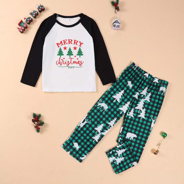 Pyjamas pour Garçons Tenue Parent-Enfant Costumes de Noël Patchwork à Carreaux Imprimés Vêtements d'Intérieur Col Rond Manches Longues Pyjamas Ensemble Deux Pièces pour Enfants Pyjamas de Noël Assortis pour la Famille en Liquidation
