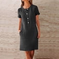 thumbnail image 2 of Robes à Manches Courtes pour Femmes Col Rond Faux Lin Uni Midi Longueur Genou Automne Été Robes Boutonnées 2025 Vêtements Mode Concert Country, 2 of 4