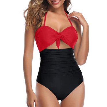 B91xZ Pièce Maillots de Bain une pour Femmes Contrôle du Ventre Découpe Taille Haute Maillot de Bain une Pièce avec Nœud dans le Dos, Rouge G