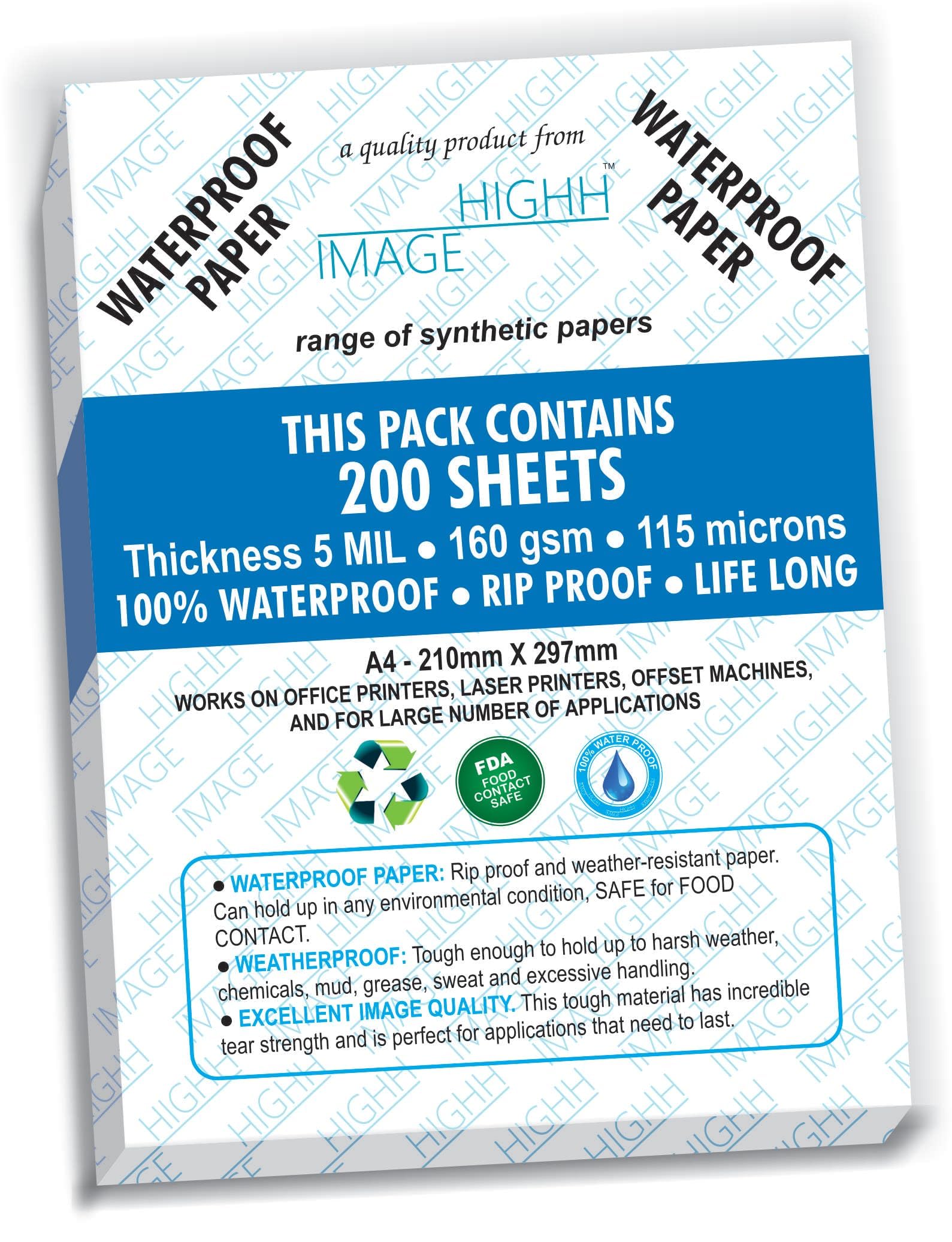 WATERPROOF PAPER | 200 SHEETS NON-TEAR Paper for LASER PRINTERS 5 MIL 110 LB, SYNTHETIC DOUBLE SIDED PAPER, 8.5X11 from HIGHH IMAGE