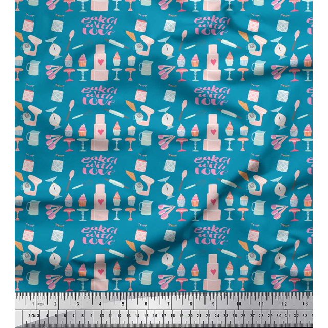 Soimoi Blue polyester Crepe Fabric Cupcake Party Print Sewing Fabric Yard 52 Inch Wide