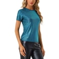 thumbnail image 4 of INSPIRE CHIC Haut Multicolore Brillant à Manches Courtes Texturé Métallisé de Fête pour Femme Vert Bleu TP, 4 of 5