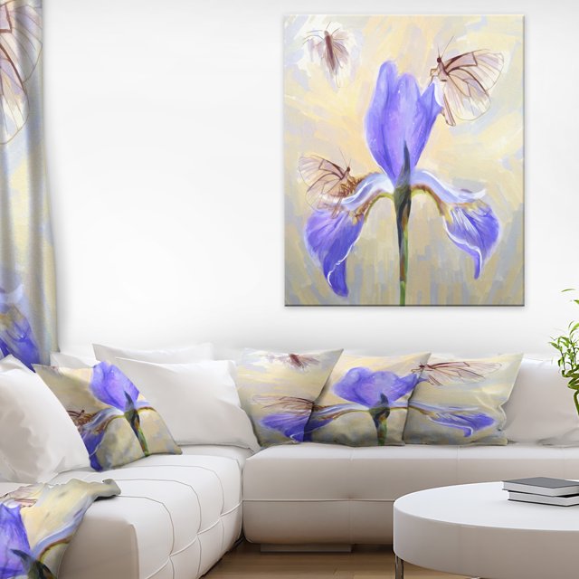 Blue Flower with Butterflies Sketch - Floral Canvas Art Print
