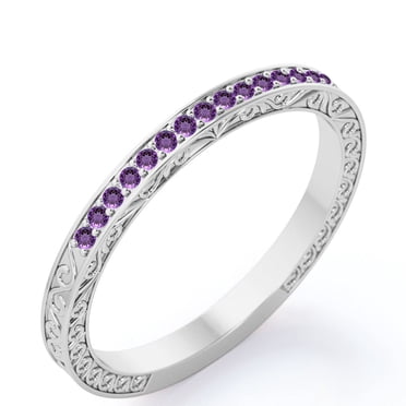 JeenMata Art-Deco Victorian Style 0.25 Carat Round Cut February Birthstone Wedding Band in 18K White Gold Plating over Silver