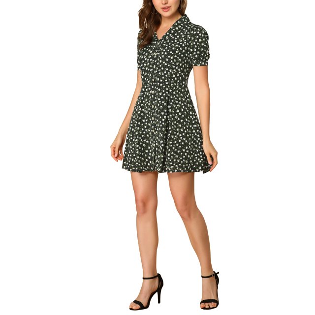 INSPIRE CHIC Robe Chemise à Manches Courtes Imprimé Floral au-Dessus du Genou pour Femmes TP Noir