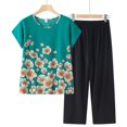 thumbnail image 2 of Mikilon Ensemble Élégant pour Femmes 2 Pcs Coton Lin Costume Deux Pièces Manches Courtes Col Rond Haut Imprimé Pantalon Ensemble Bleu-B 2TG, 2 of 3