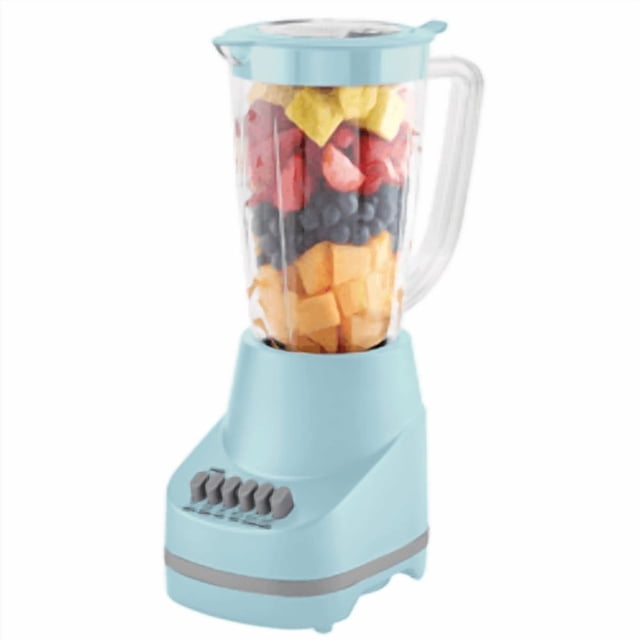 Mainstays 6 speed blender aqua sparkle with a 48 oz BPA-free plastic jar filled with layered fresh fruit including cantaloupe, blueberries, strawberries, and pineapple, featuring a light blue motor base with six gray control buttons, a matching lid with removable cap, and dishwasher-safe design ideal for smoothies and frozen drinks.